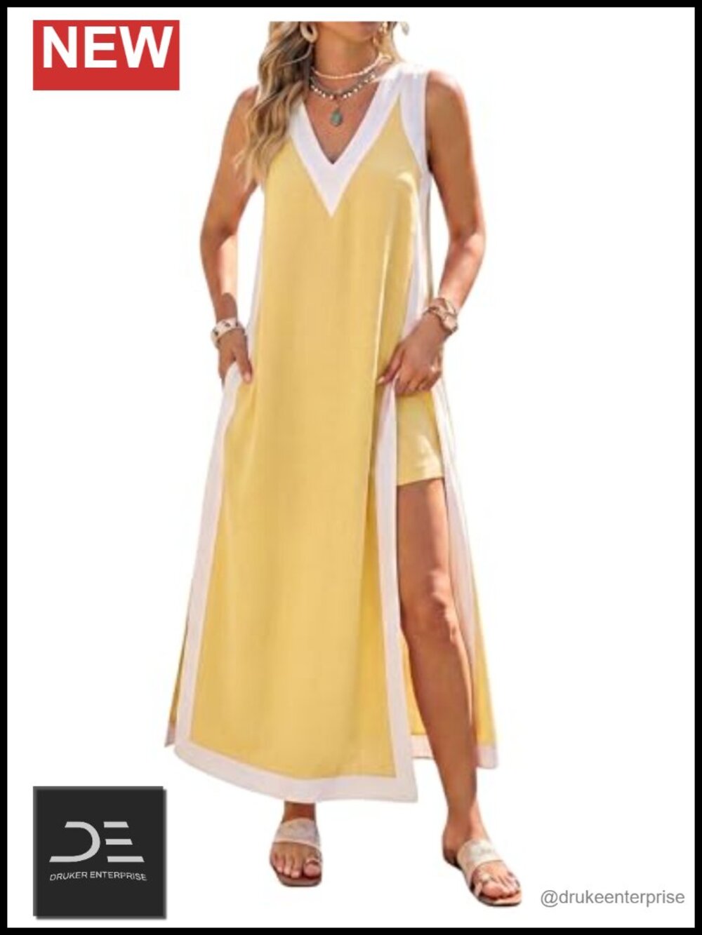 Women's Sleeveless V-Neck Maxi Dress and Shorts Set with Pockets